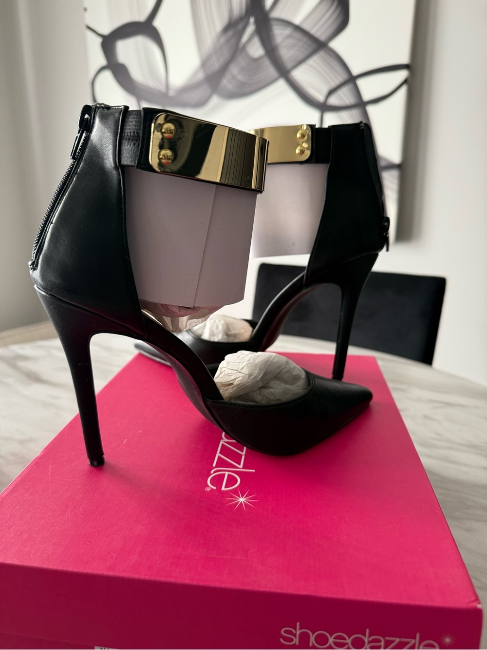 Shoe Dazzle Black Pointed Toe Stiletto Pumps with Gold Ankle Cuff